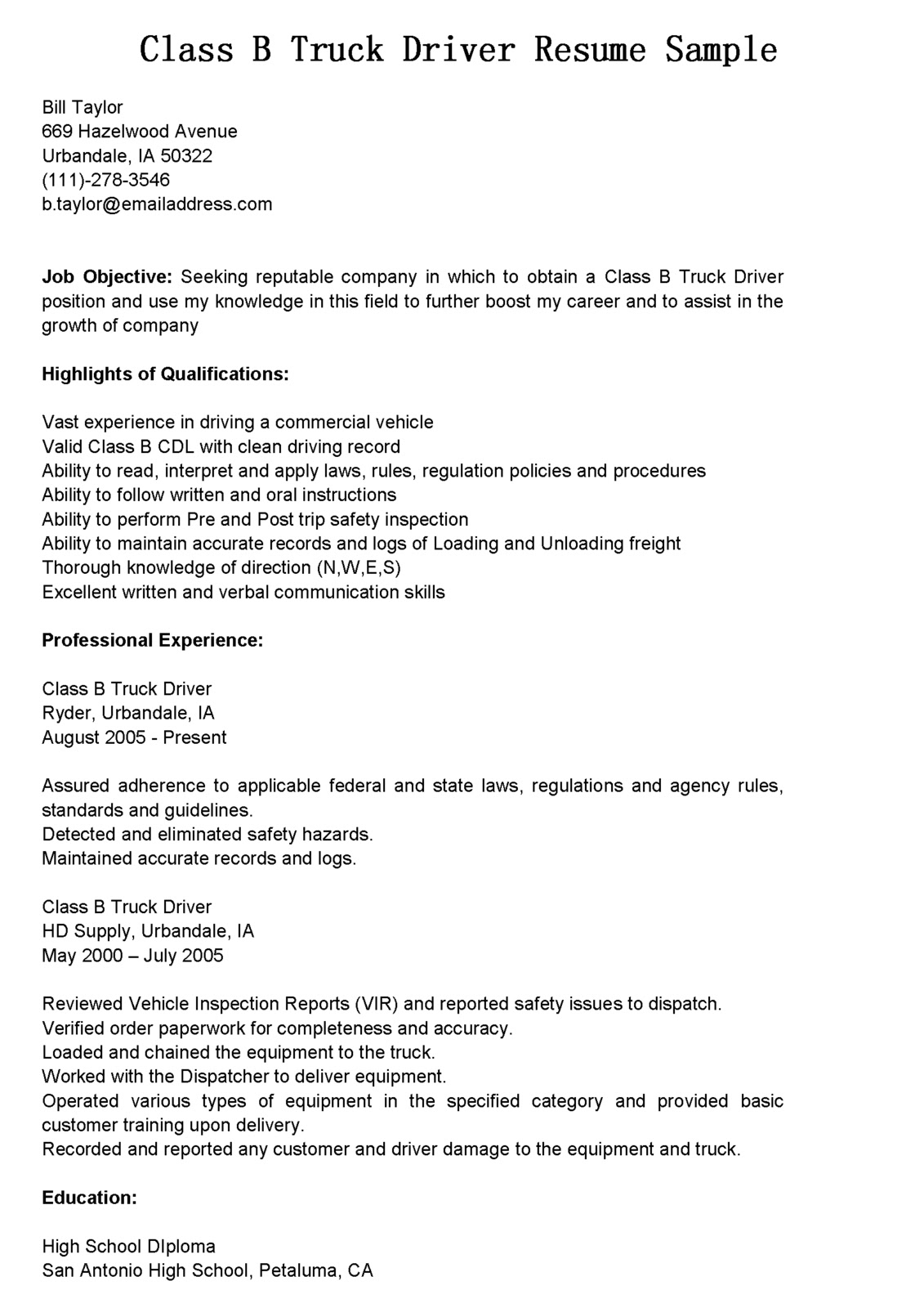 Commercial Truck Driver Resume Examples